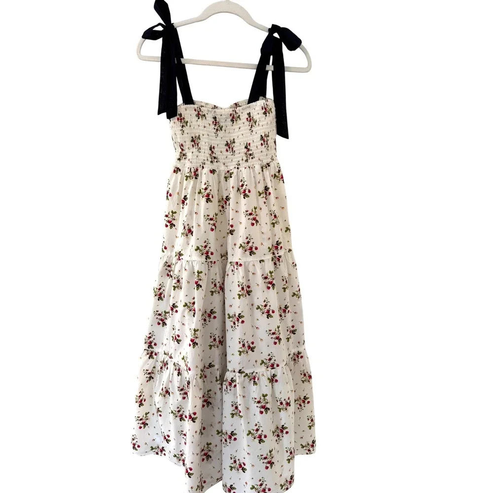 J.Crew Tie Shoulder Smocked Floral Midi Dress S Cottagecore Coquette Preppy